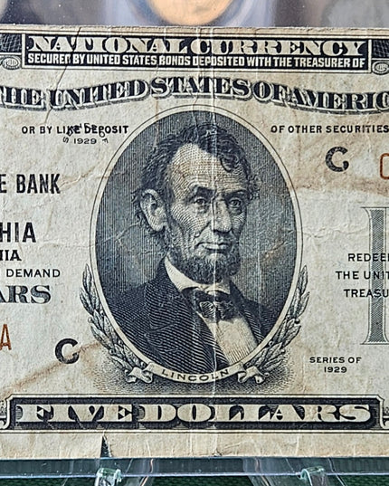 1929 $5 Dollar Bill National Currency Note Philadelphia