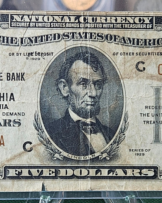 1929 $5 Dollar Bill National Currency Note Philadelphia