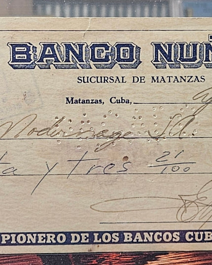 1957 Cheque del Banco Nuñez, Sucursal de Matanzas