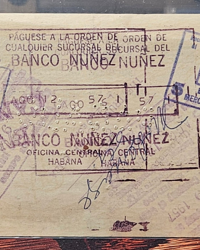 1957 Cheque del Banco Nuñez, Sucursal de Matanzas