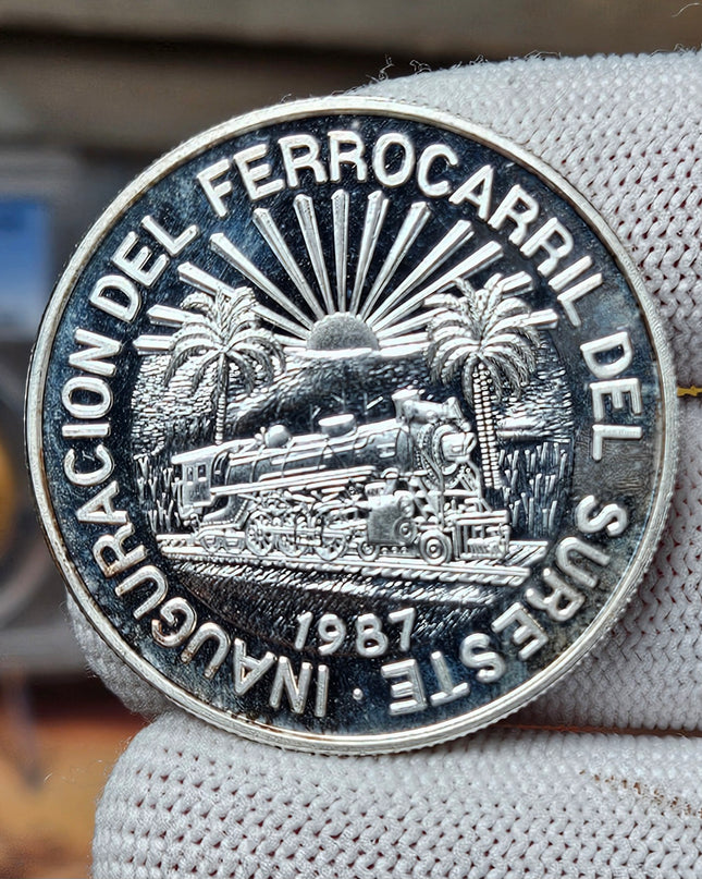 1987 1 oz .999 Plata Plura, Mexico - Inauguracion Del Ferrocarril Del Sureste (Proof)