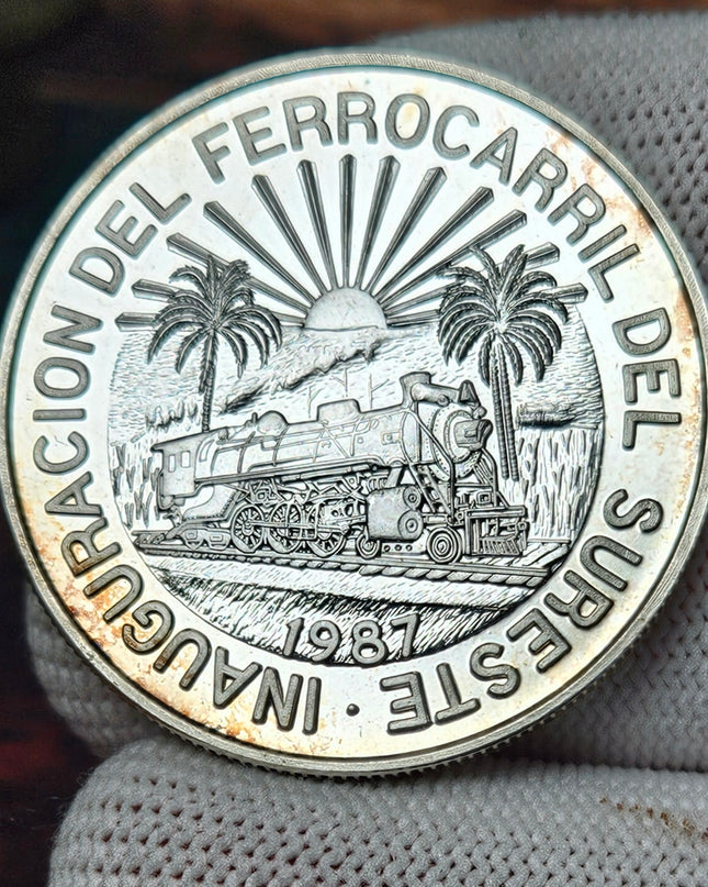 1987 1 oz .999 Plata Plura, Mexico - Inauguracion Del Ferrocarril Del Sureste (Proof)
