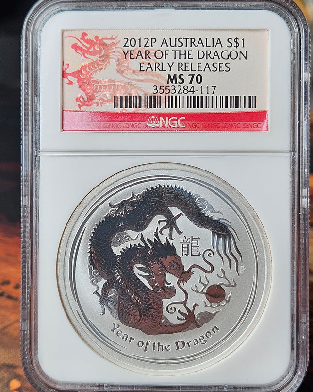 2012 AUSTRALIA $1 YEAR OF THE DRAGON 1 OZ NGC MS 70..