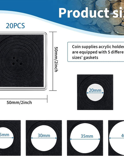20 estuches acrílicos ajustables para monedas con esponjas (20 mm-40 mm)