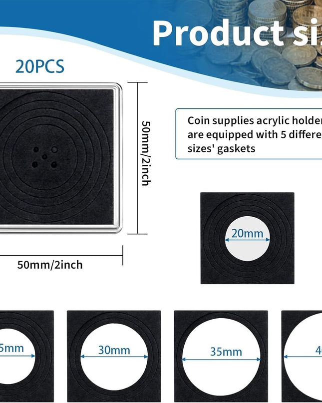 20 estuches acrílicos ajustables para monedas con esponjas (20 mm-40 mm)
